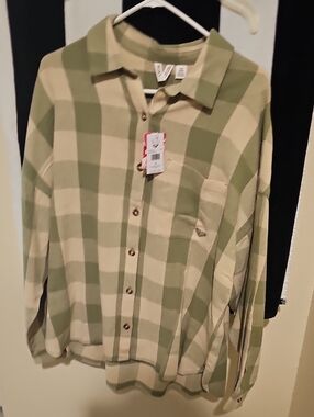 Roxy Olive and Cream Plaid Button-Down Shirt